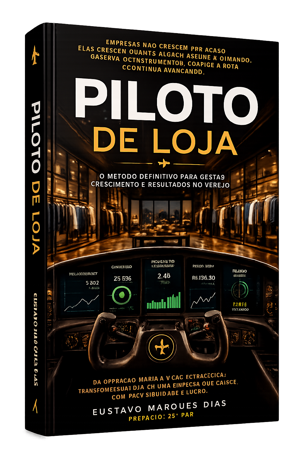 Livro Piloto de Loja — capa 3D com cabine de comando