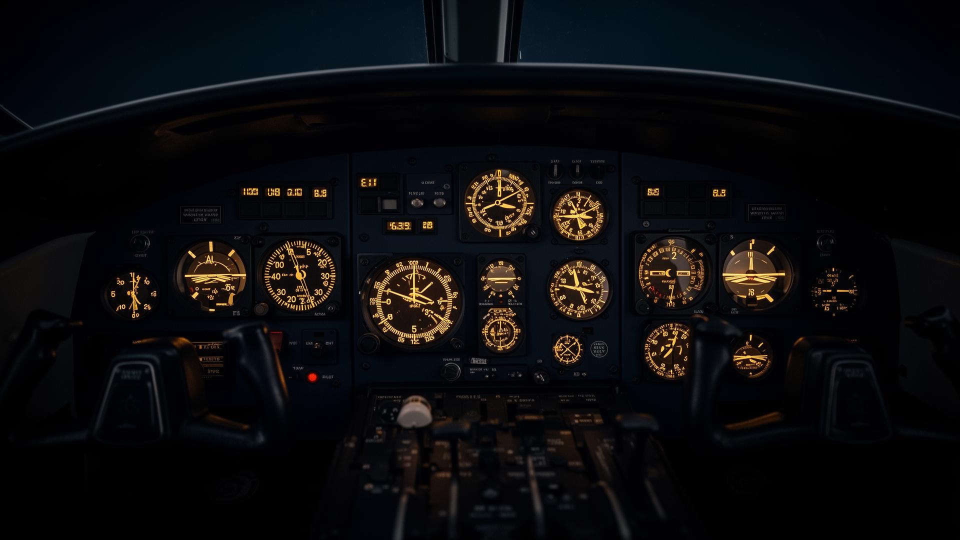 Cockpit de aviação com instrumentos dourados — metáfora visual do Método Piloto de Loja